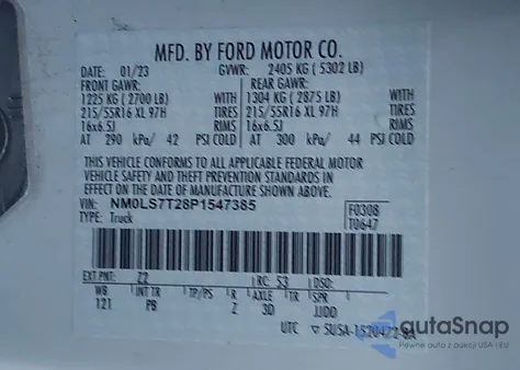 2023 Ford Transit Connect Xlt z USA, uszkodzony, nr VIN NM0LS7T28P1547385